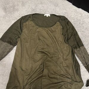 DownEast Olive Green Long Sleeve Mixed-Media Top